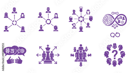 A collection of business, human resources, and communication concept icons on a white background