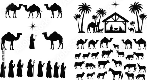 Nativity silhouette set with camels shepherds livestock palm trees, Christmas biblical scene collection, holy family manger illustration