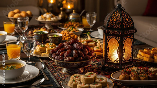 Traditional Ramadan Iftar Table with Dates and Lantern

Islamic Feast with Arabian Cuisine and Ramadan Lantern

Healthy Iftar Meal Featuring Dates, Soup, and Traditional Snacks