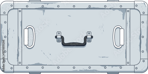 Vintage metal storage case illustration featuring industrial steel trunk with handles and rivets, secure equipment container design isolated on white background vector style