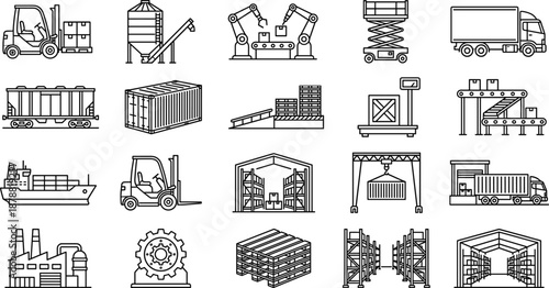 Warehouse logistics and industrial transportation icon set showing forklift, conveyor, container, truck, ship, robotic arms and storage systems for supply chain and manufacturing operations