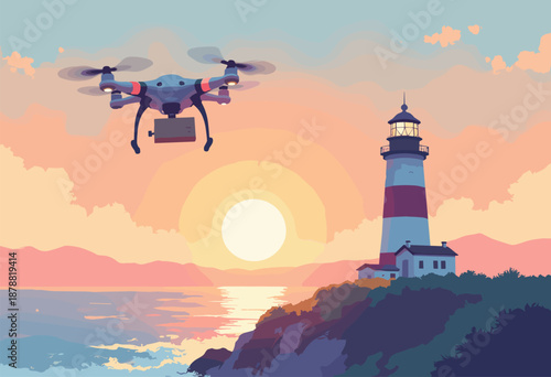 Flat delivery drone dropping package onto lighthouse balcony sunset deliver anywhere concept