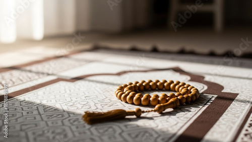 Islamic Prayer Rug with Quran and Prayer Beads

Muslim Prayer Set with Janamaz Quran and Tasbih

Spiritual Islamic Setting for Salah and Meditation

Holy Quran and Prayer Beads on Blue Prayer Mat