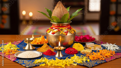 Traditional Hindu Puja Kalash with Coconut and Mango Leaves

Colorful Rangoli Design with Festive Brass Kalash and Flowers

Indian Festival Decor with Coconut Kalash and Marigold Petals