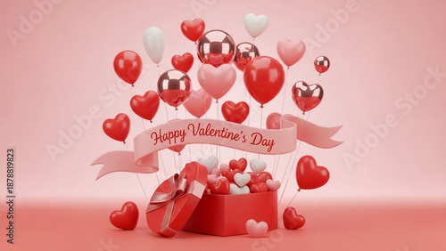 3D Happy Valentine's Day Gift Box with Heart Balloons

Romantic Red Gift Box Overflowing with Hearts and Balloons

Valentine’s Day Celebration Concept with Balloons and Banner Aesthetic Pink Valentine