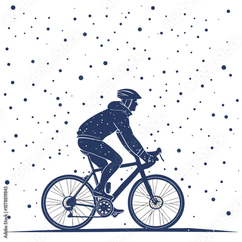 Blue silhouette cyclist riding bike in snowfall bicycle