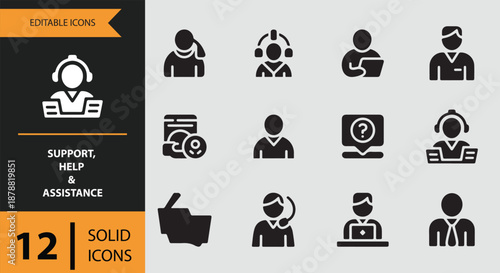 Support, help & assistance solid icon pack depicting customer service and online roles