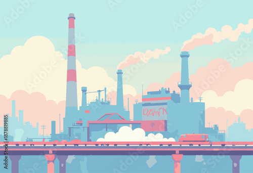 conveyor belt factory line making clouds instead products Dream Factory concept Pastel colors
