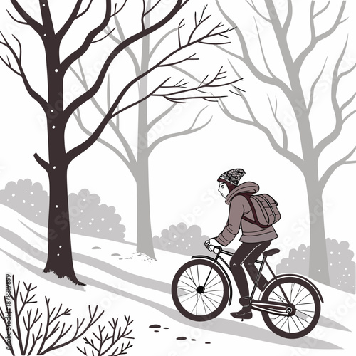 Winter commuter riding bicycle through snowy forest with bare trees