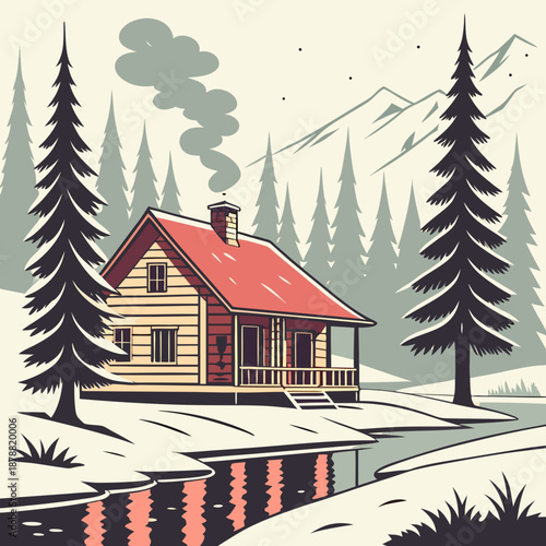 Wooden cabin in snowy countryside with reflective stream and mountain range