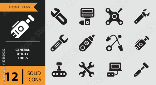 A comprehensive collection of general utility tool solid icons for diverse applications and maintenance