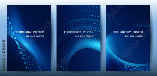 Big data technology poster set with Blue wave particle glowing and data visualization