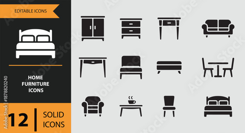 A comprehensive set of 12 editable solid icons representing various home furniture items