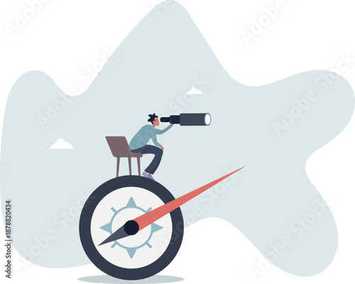 A businessman looks into the future and a compass shows the direction.