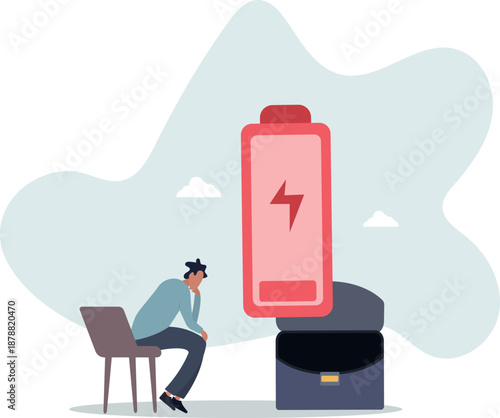 A tired man sits next to a low battery indicator.