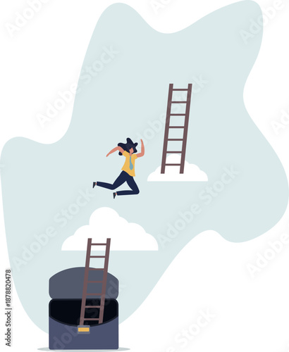 A businesswoman climbs higher and higher up the career ladder. The concept of success.