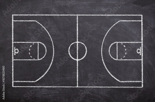 Hand drawn chalk sketch on blackboard shows a basketball court and symbolizes sport game tactics and teamwork