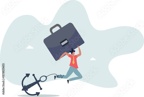 A heavy anchor is tied to the businessman's leg.