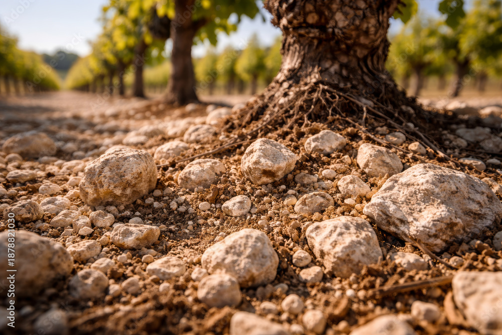 Fototapeta premium Close-up of rocks and soil near vineyard tree roots