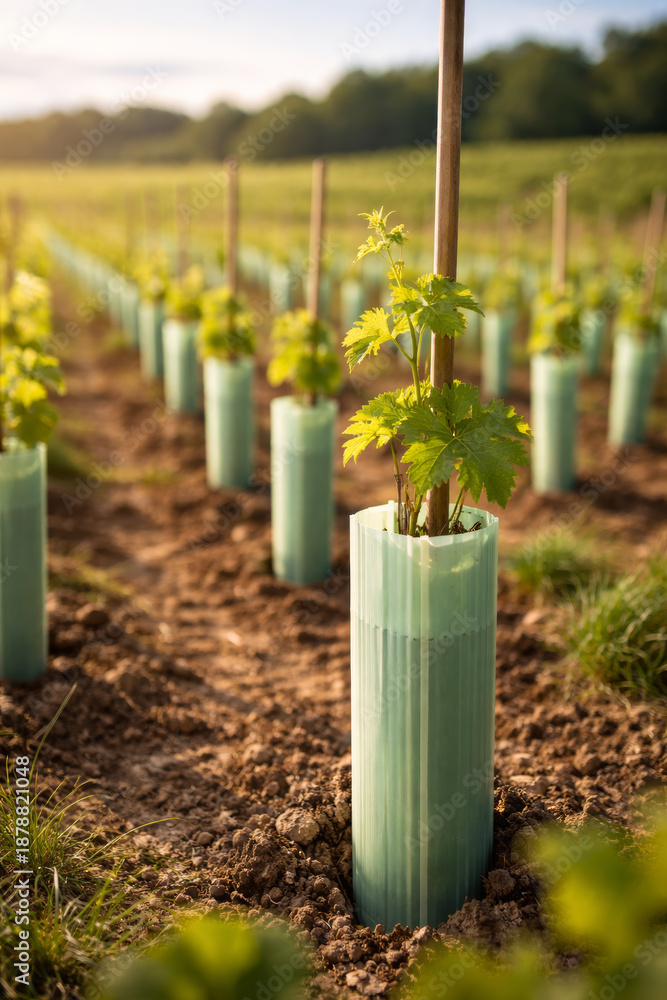 Naklejka premium Young grapevine in plastic protective tube in vineyard field