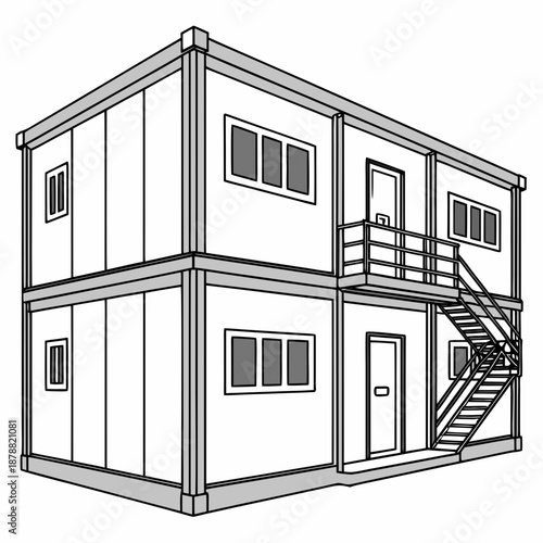 Reconfigurable Prefabricated Shift Building with Modular Elements, Modern Construction Technology Vector Illustration
