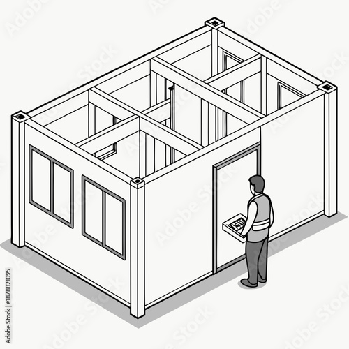 Reconfigurable Shift Building with Movable Walls for Flexible Spaces, Vector Illustration of Modular Prefabricated Architecture