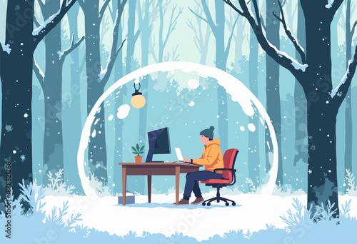 freelancers workspace inside transparent bubble snowy forest Isolation Productivity Flat