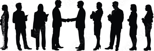 Business people silhouettes shaking hands and standing in line, professional corporate teamwork, agreement, partnership, negotiation, and recruitment concept isolated on white background