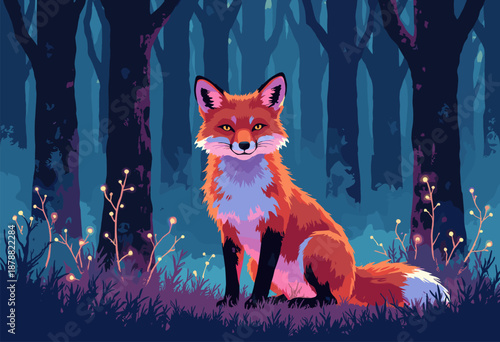 fox made entirely fiber optic cables glowing dark forest Digital Wildlife Flat