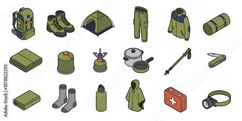 Isometric Hiking and Camping Accessories Vector Set - 18 Outdoor Adventure Gear Elements Isolated on White