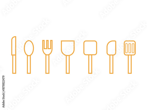 黄色の調理器具（包丁、お玉、ヘラ）のアイコンの線画イラストのセット