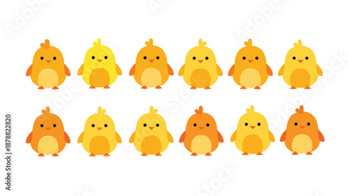 Adorable collection of twelve cute cartoon baby chicks in various shades of yellow and orange, isolated on a white background.