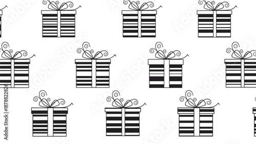Simple black and white seamless pattern of striped gift boxes with curly ribbons, creating a festive wrapping paper design.