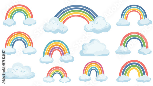 Cute collection of rainbows and fluffy clouds illustrated with a soft, textured crayon or chalk effect for children's designs.