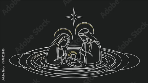 Minimalist and elegant continuous line drawing of the holy family nativity scene with a shining star on a black background.