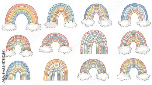 Charming collection of twelve hand-drawn rainbows with clouds in a soft, pastel watercolor style for nursery or kids' decor.