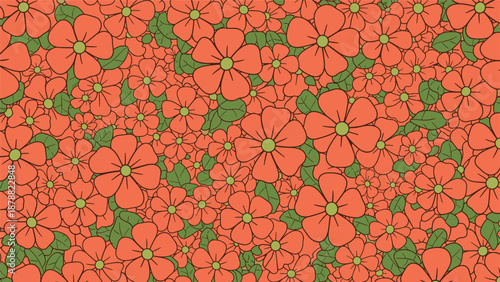 Groovy and dense seamless pattern featuring retro-style orange flowers with green leaves, creating a vibrant 70s floral background.