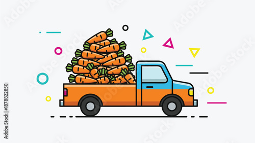 Fun and quirky illustration of an orange pickup truck overloaded with a giant pile of fresh carrots, in a modern flat style.