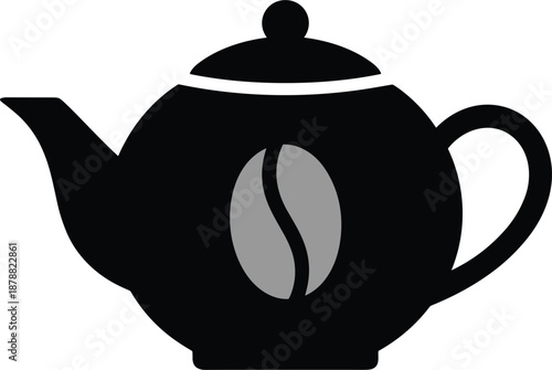 Black teapot silhouette vector illustration with a grey coffee bean symbol isolated on a plain white background design.