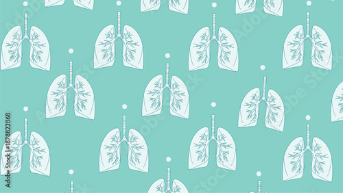 Medical or health-themed seamless pattern of stylized human lungs in white on a light blue-green background with white dots.