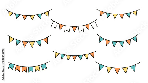 Minimalist collection of colorful bunting flag garlands in simple, clean lines, perfect for party and celebration invitations.