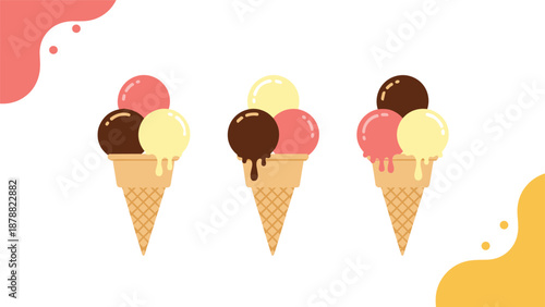 Simple and cute illustration of three ice cream cones with scoops of chocolate, vanilla, and strawberry against abstract shapes.