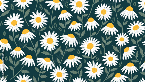 Cheerful seamless floral pattern with hand-drawn white and yellow daisy flowers on a dark teal green background for textiles.