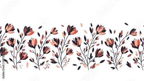 Seamless horizontal floral border with stylized hand-drawn flowers in warm earth tones, perfect for elegant wedding invitations or decorative trim.