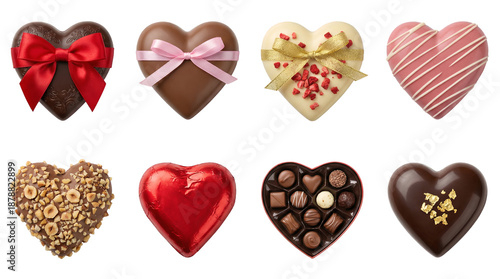 Wallpaper Mural Heart shaped chocolate set including dark, milk, white, nut encrusted, and gift box variants isolated. Valentine's Day and holiday confectionery collection. Torontodigital.ca