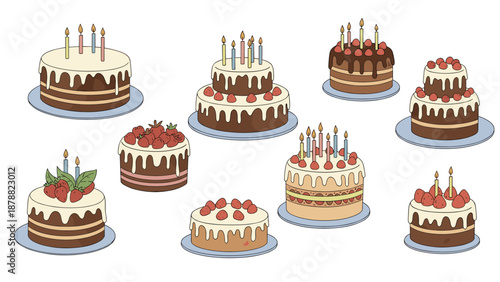 Delicious collection of hand-drawn birthday and celebration cakes, featuring multiple tiers, lit candles, fresh strawberries, and icing.