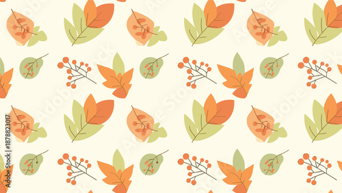 Seamless autumn pattern with stylized fall leaves and berries in a warm, muted color palette, creating a gentle and rustic seasonal background.