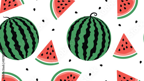 Fun and vibrant seamless summer pattern with whole watermelons, juicy red slices, and scattered black seeds on a clean white background.