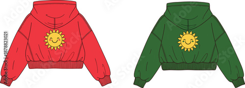 Illustration of red and green hoodies with smiling sun graphic, fashion sketch for kidswear design, garment template, or casual apparel mockup.