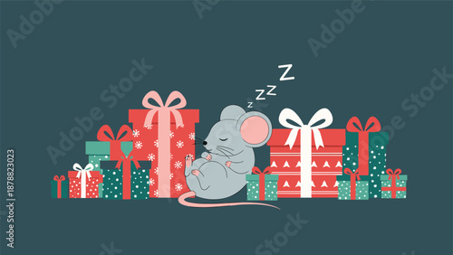 Adorable gray mouse sleeping peacefully beside a colorful pile of Christmas gifts, a charming and cozy winter holiday vector illustration.